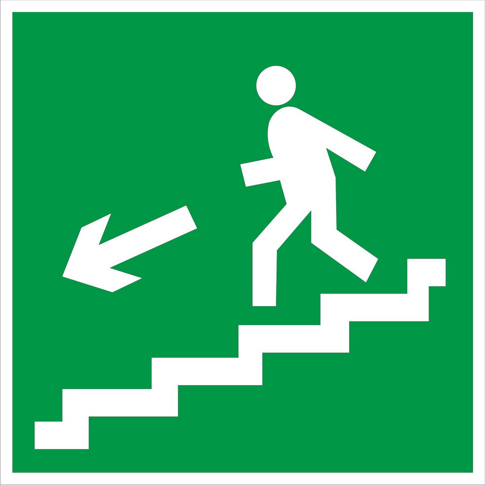 Знак Е14  Направление к эвакуационному выходу по лестнице  вниз (левосторонний)