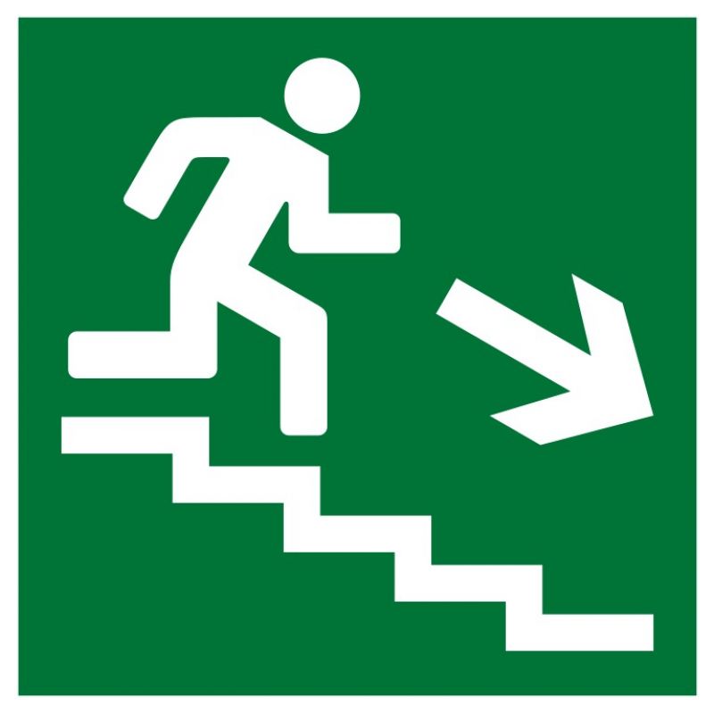Знак Е13  Направление к эвакуационному выходу по лестнице  вниз (правосторонний)